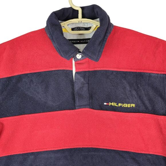 Vintage Tommy Hilfiger Fleece Mens Large Red Blue Rugby Stripe Pullover 2002 - Picture 3 of 9